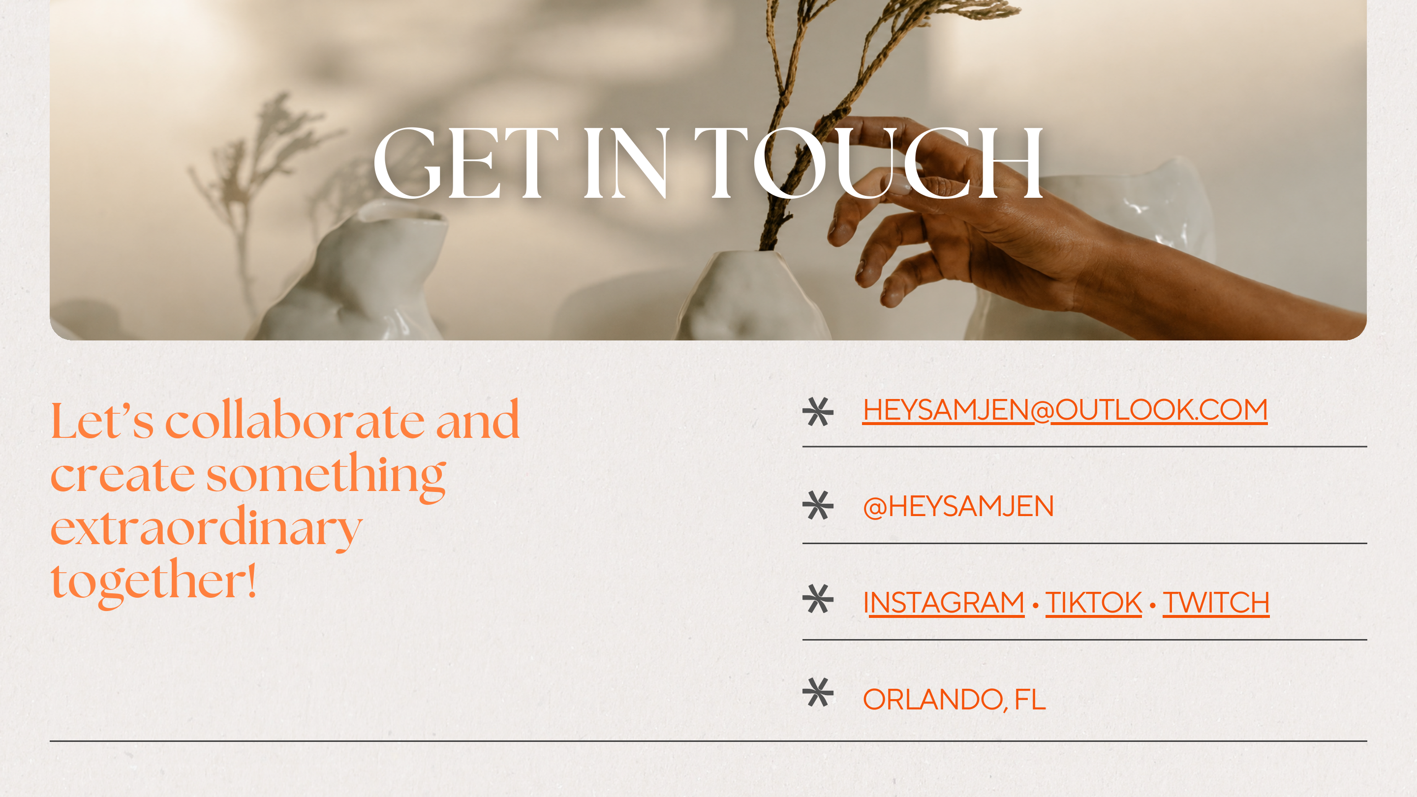 HeySamJen portfolio contact page with email, social platforms and Orlando location